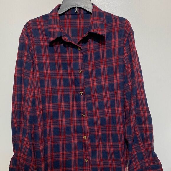 Romwe Women's Red Navy Plaid Long Sleeve Button Up Shirt Size 8/10 NWT - Picture 3 of 11